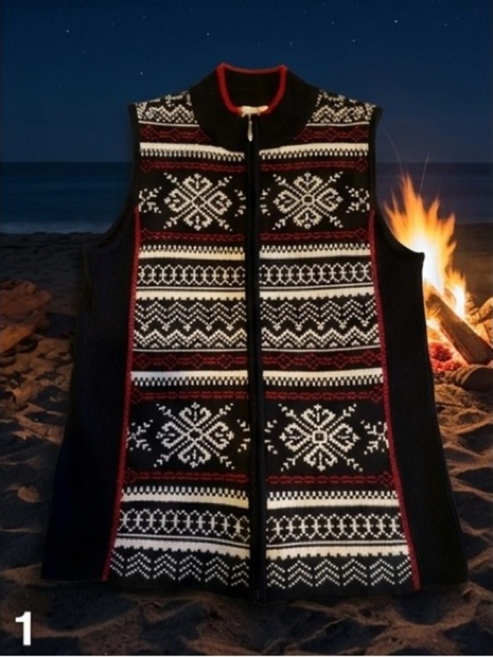 Christopher & Banks Black Fair Isle Zip-Front Sweater Vest with Red Accents